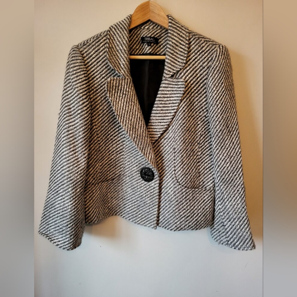 TRIBAL Women's Gray and Cream Striped Wool And Rayon Blend Blazer Jacket